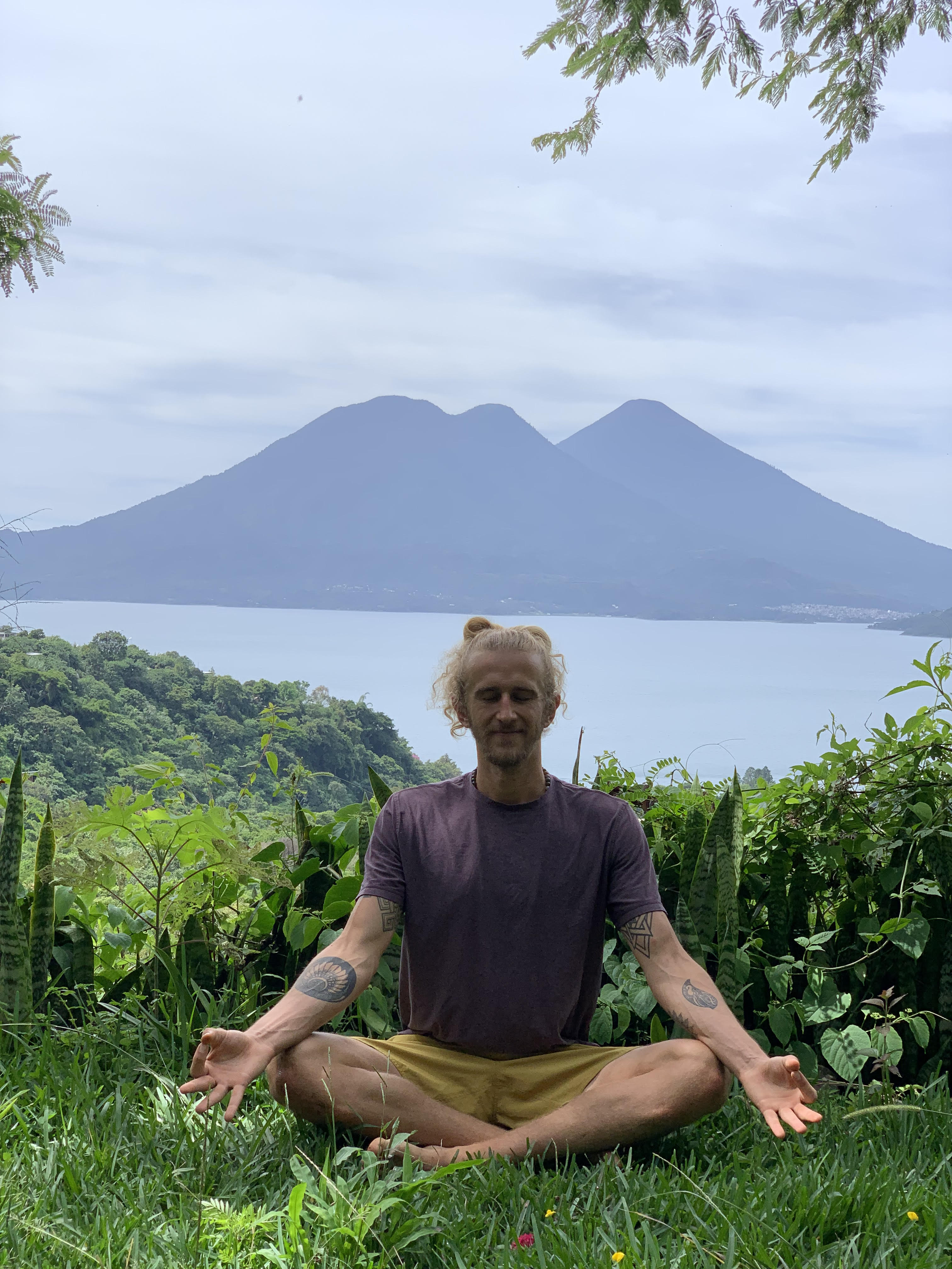 Meditation with volcano backdrop